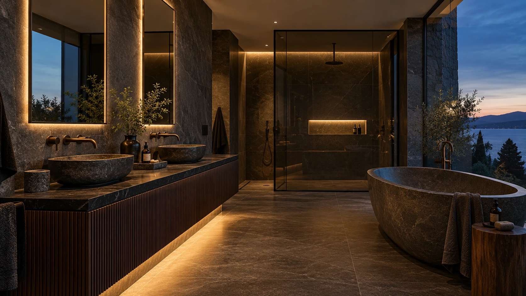 Dark stone bathroom with a floating walnut vanity and glowing warm mirrors