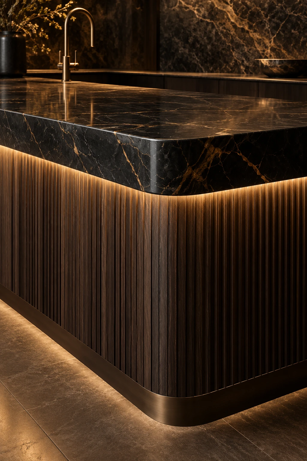 Warm LED light grazing fluted walnut beneath a veined black stone countertop