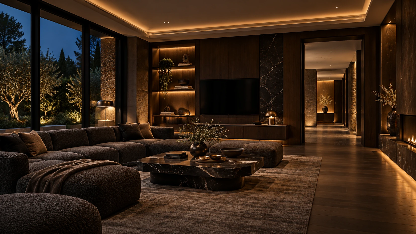 Contemporary living room with dark furniture, walnut joinery and amber architectural lighting