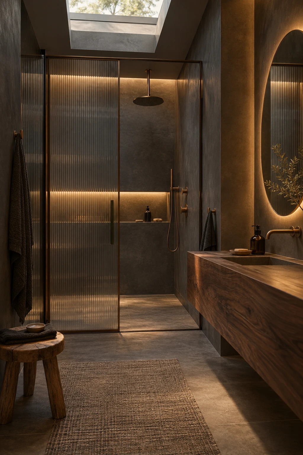 Skylit shower room with ribbed glass and a single walnut vanity