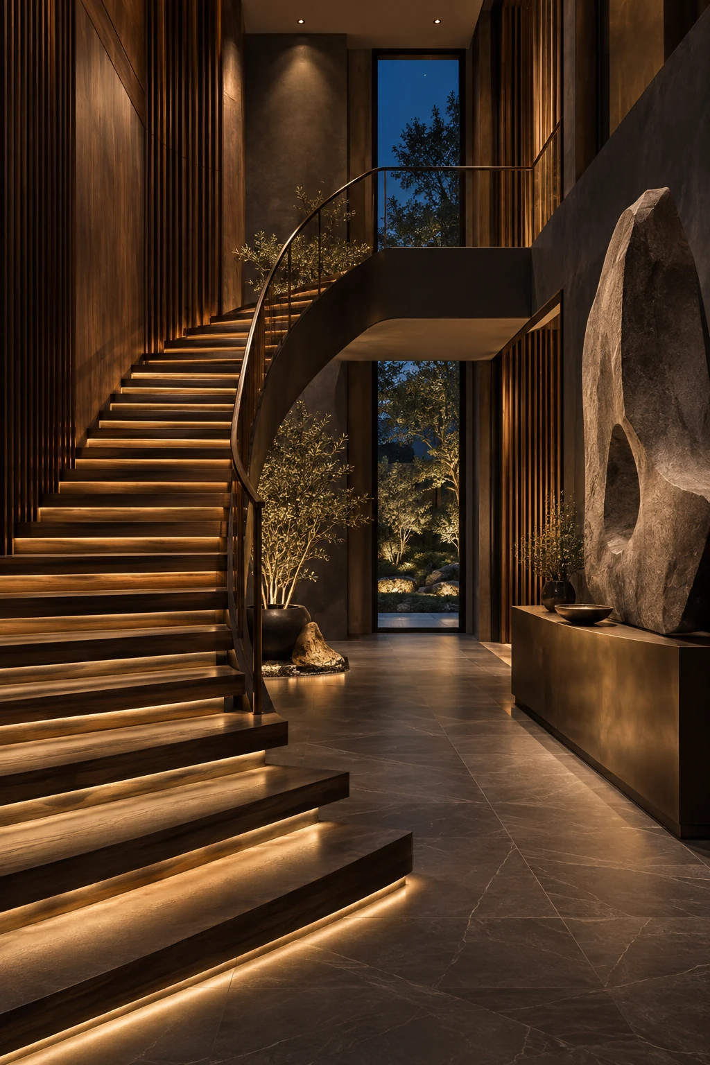 Dark oak floating staircase with amber lighting in a double-height entrance hall