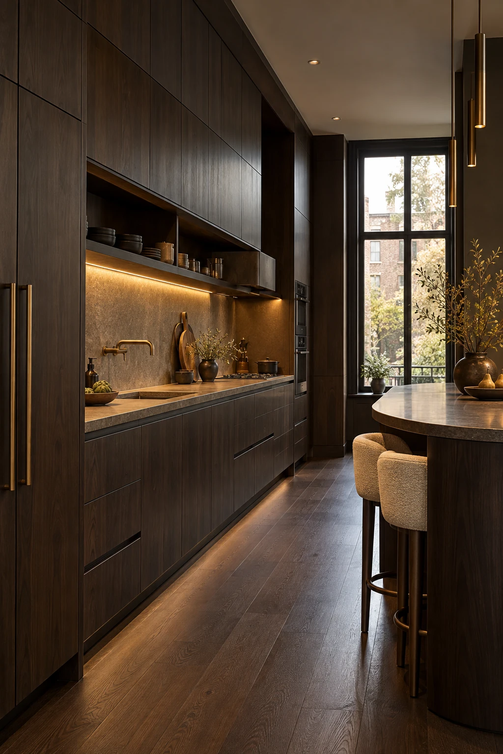 Dark walnut kitchen with architectural lighting from the FORM concept