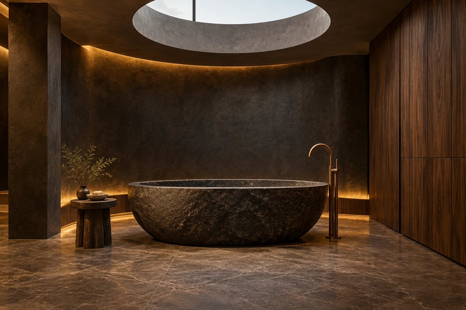 Sculptural stone bathtub beneath a circular skylight