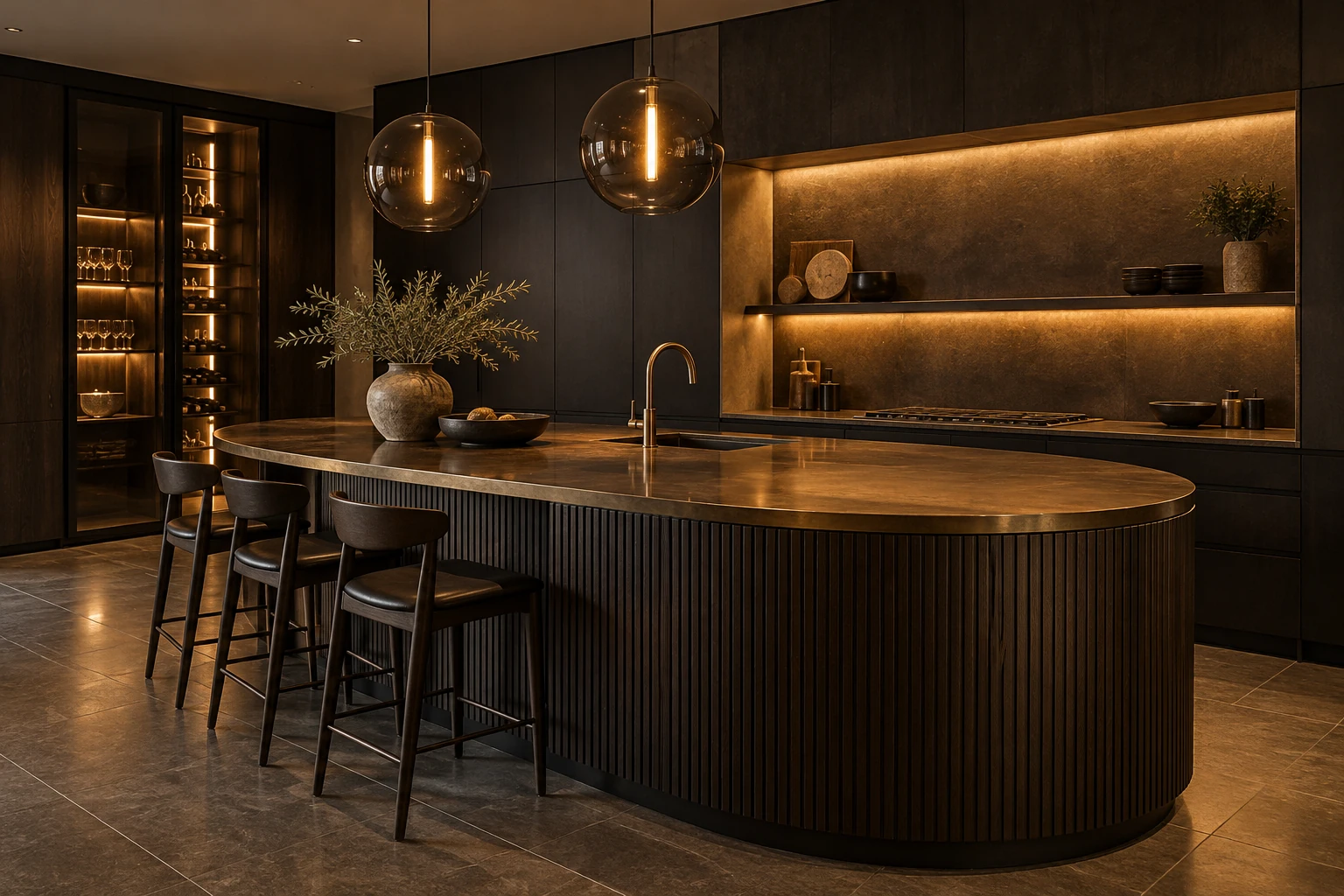 Fluted walnut kitchen island with a bronze worktop and smoked-glass pendants