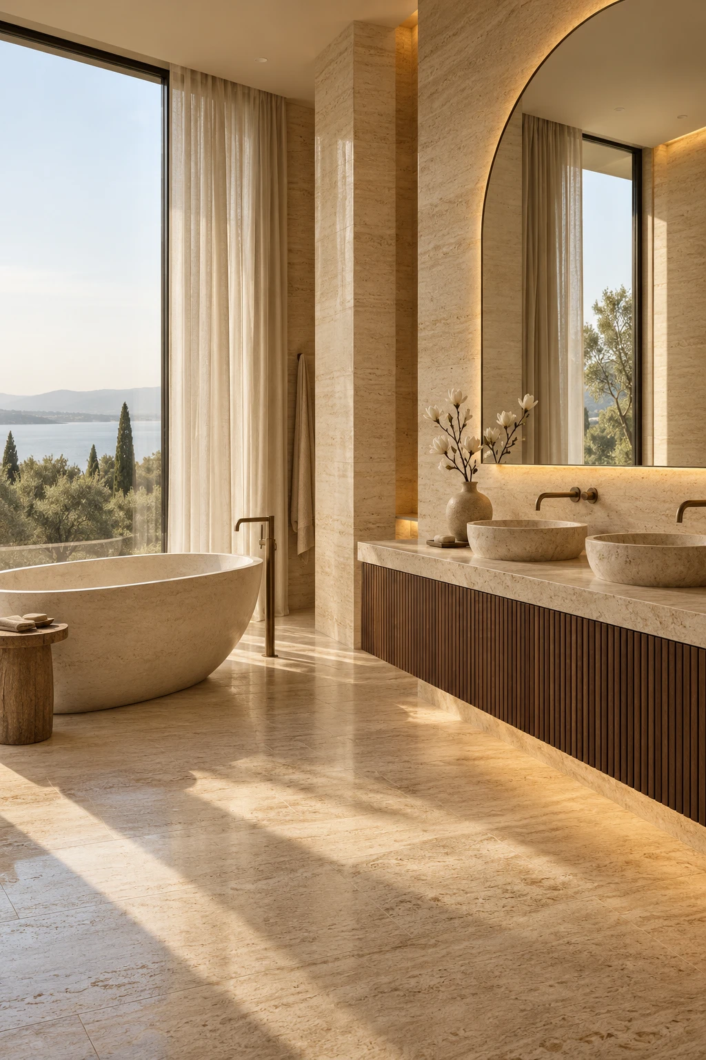 Refined bathroom with a freestanding tub and warm natural finishes
