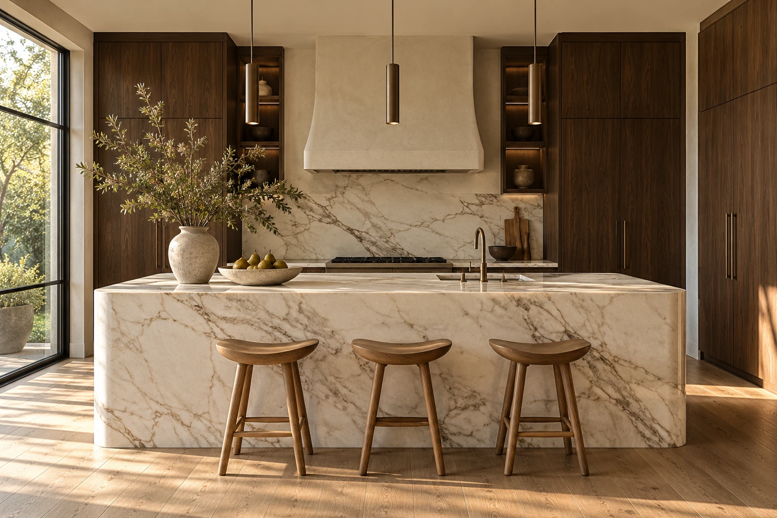 A spacious contemporary kitchen with warm wood cabinetry and a large island