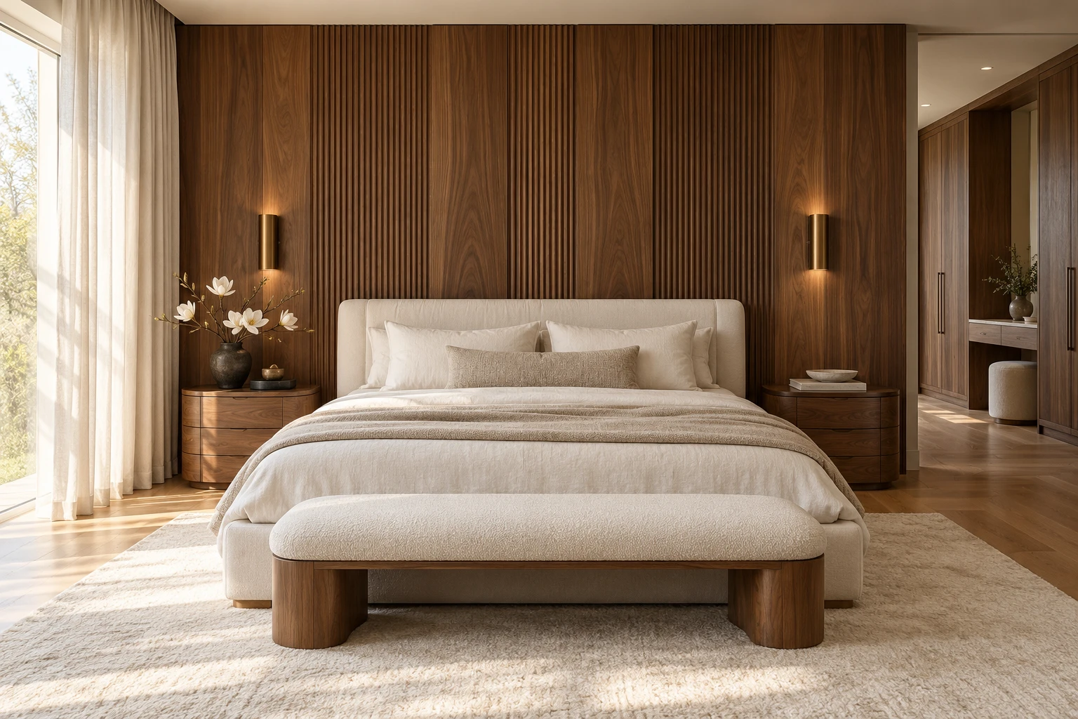 Serene bedroom with fluted walnut wall panels, handcrafted timber bedside tables and ivory linen