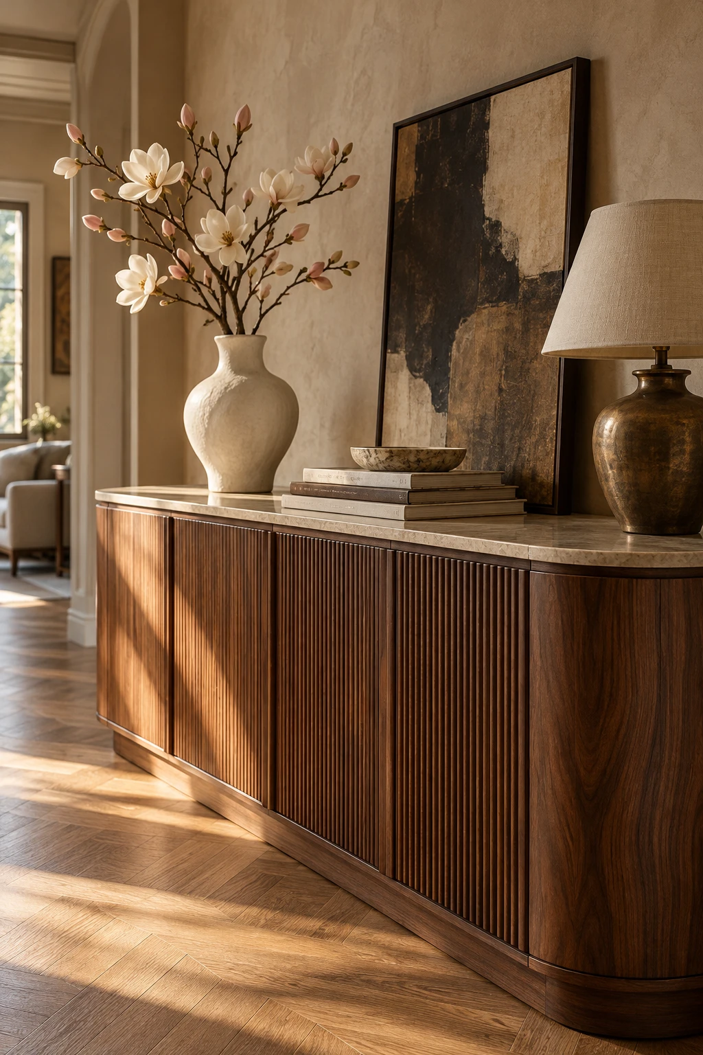Fluted walnut sideboard with curved corners, a travertine top and magnolia flowers in a ceramic vase