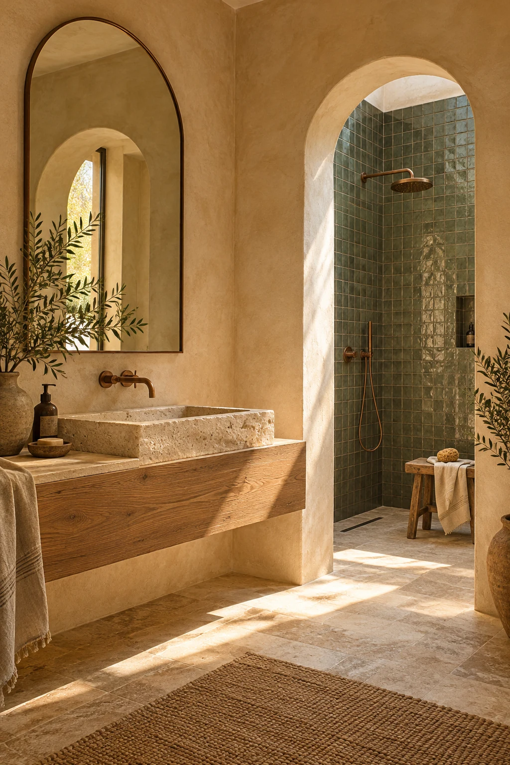 Oak vanity with a stone basin, arched mirror and olive-tiled shower in a warm Mediterranean bathroom
