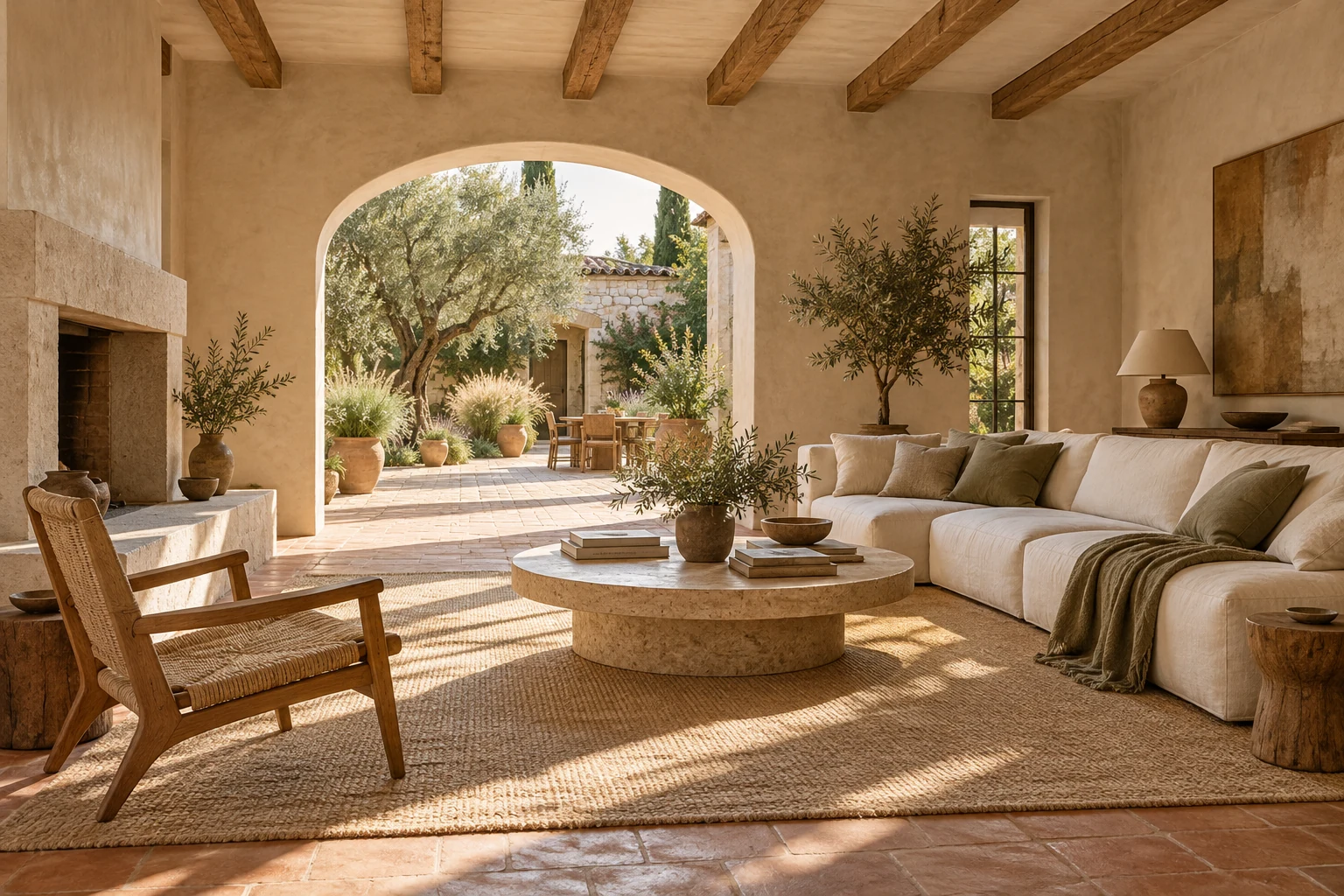 Linen living room with a travertine table, oak beams and an arched opening to an olive courtyard