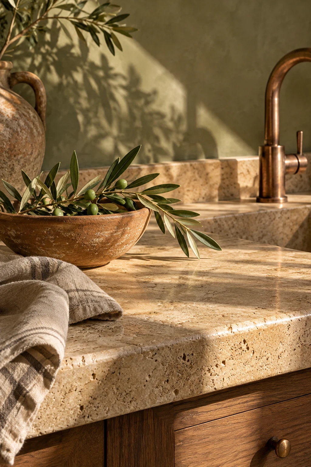 Terracotta bowl, olive leaves and natural linen on a honey-coloured stone worktop beside a copper tap