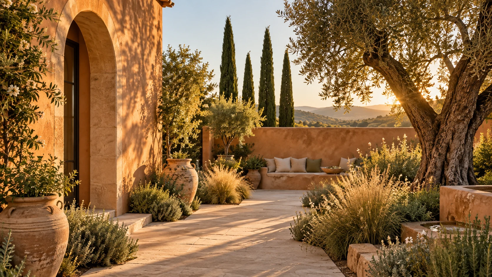 Mediterranean courtyard garden with olive and cypress trees, ornamental grasses and warm terracotta walls