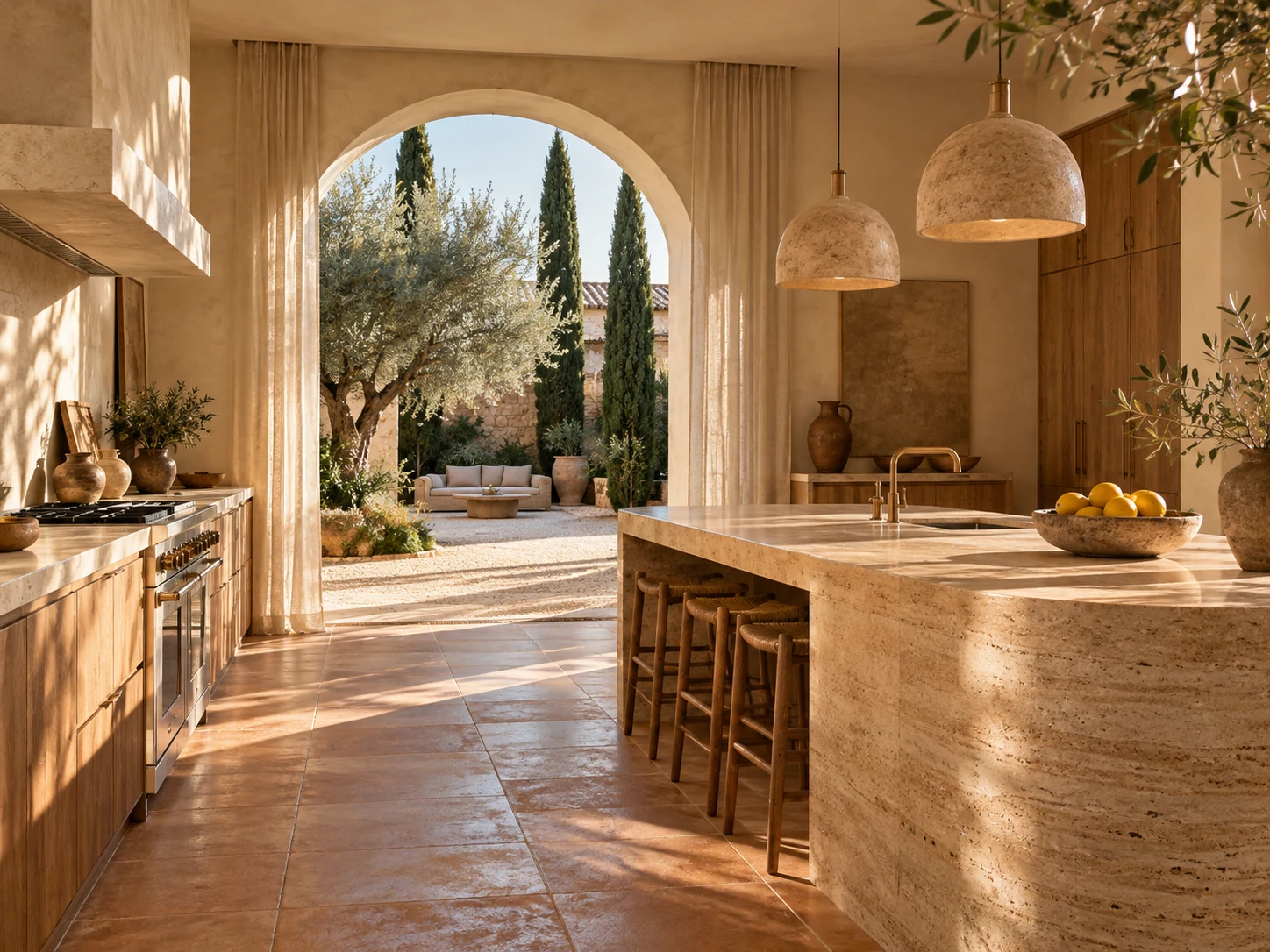 Sunlit Mediterranean kitchen with a rounded stone island and an arched opening to an olive-tree courtyard