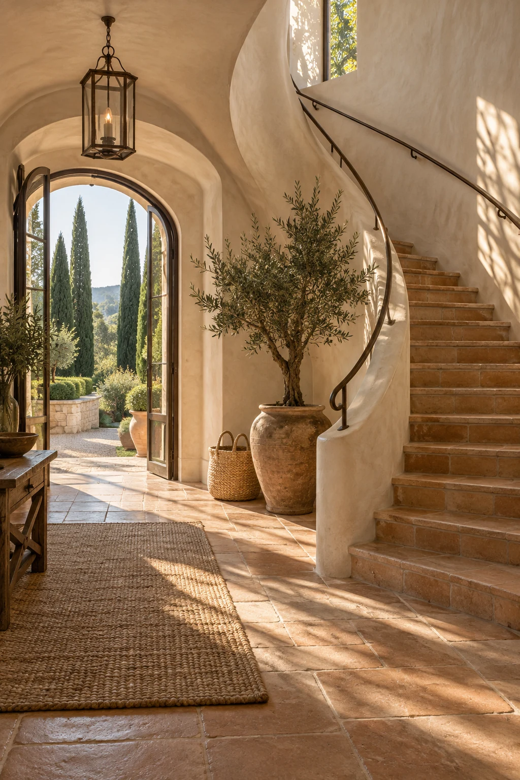 Curved plaster staircase and terracotta steps beside a potted olive tree and an arched garden doorway