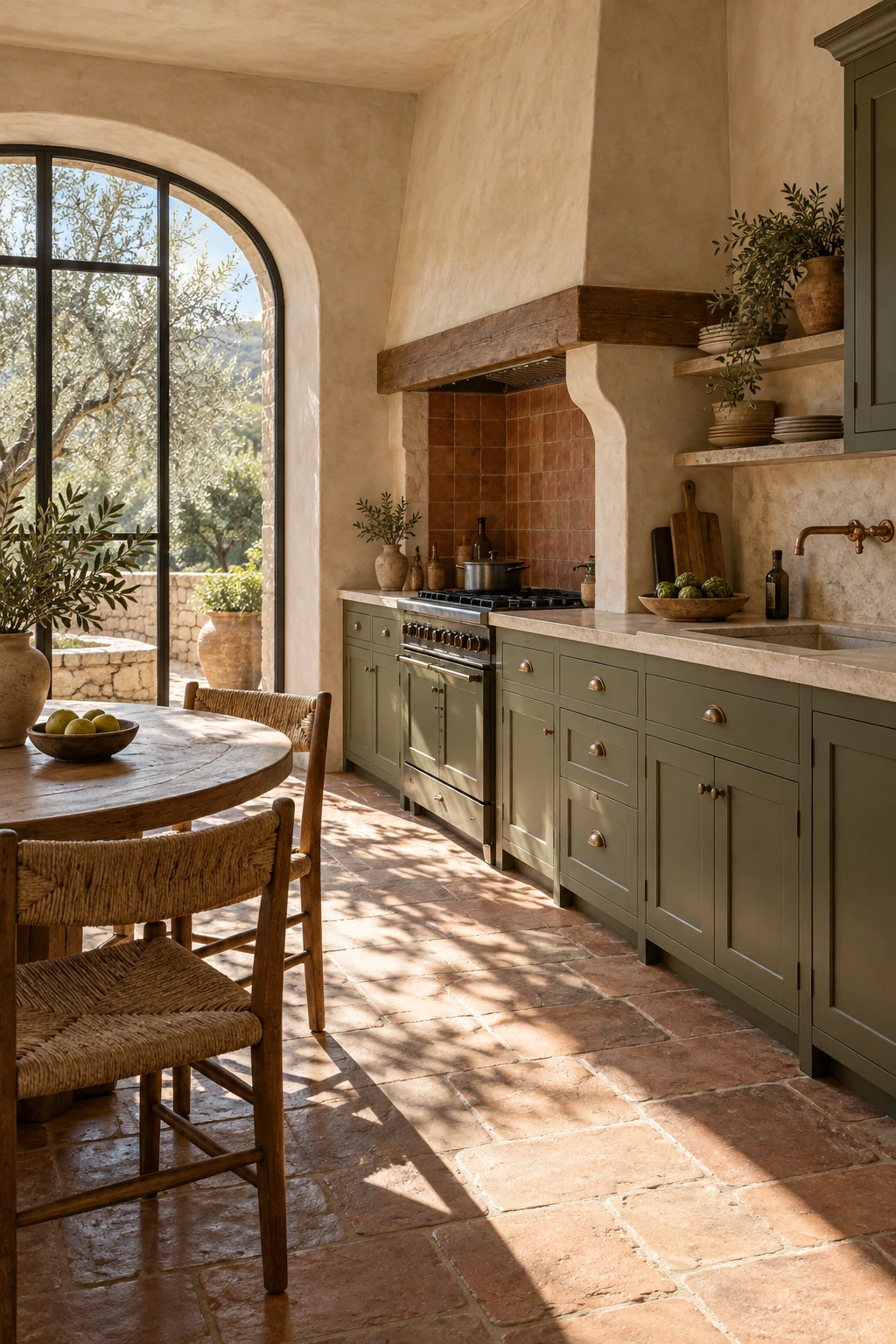Olive-green kitchen cabinetry, copper tap and a small oak breakfast table beside an arched garden window
