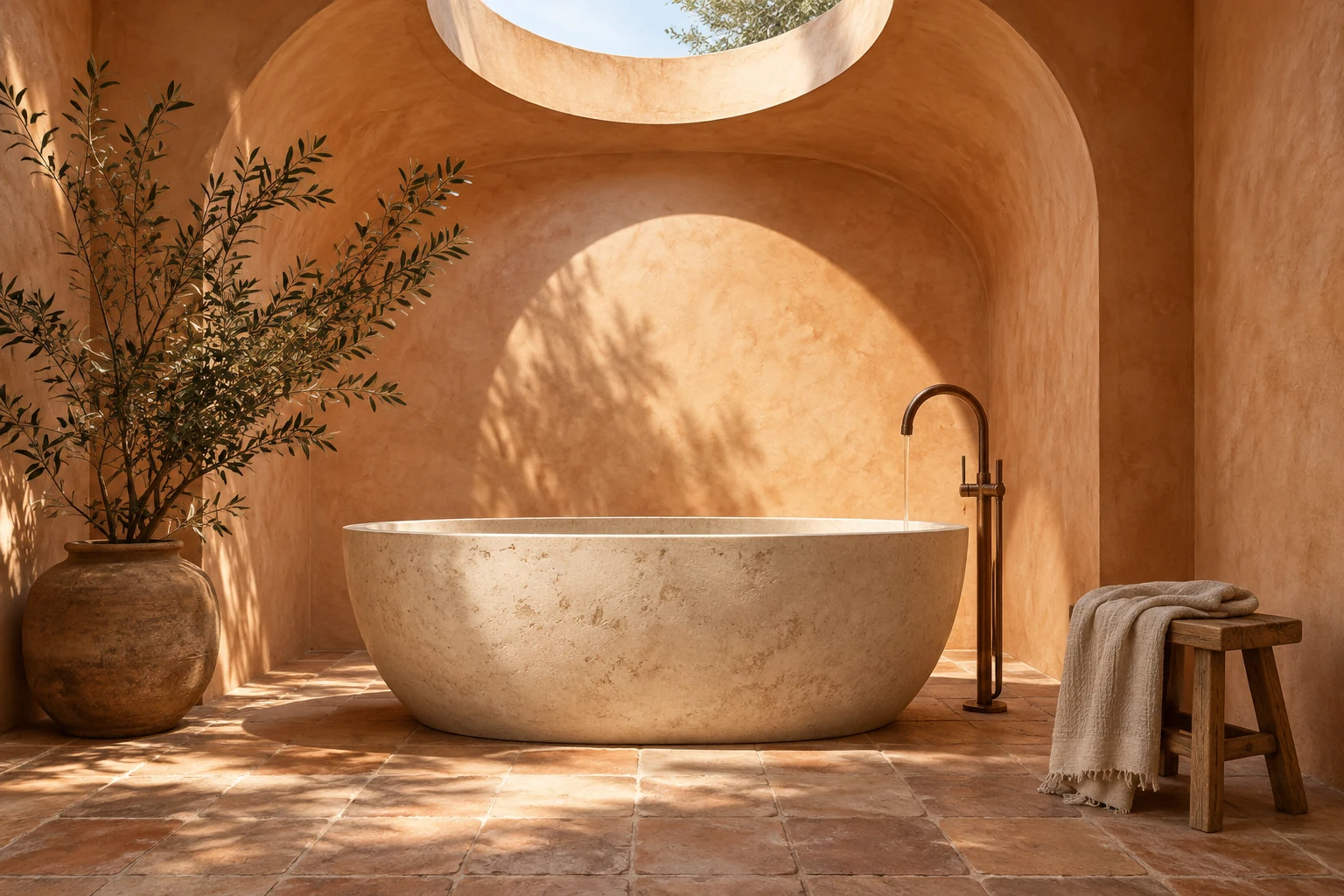 Pale stone bathtub in a peach-plaster alcove beneath a circular skylight
